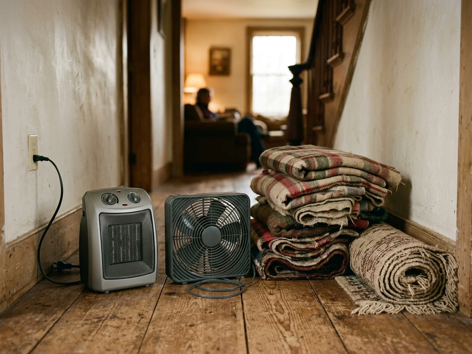 A plug-in electric space heater and a small plastic box fan sitting in a farmhouse hallway next to a stack of wool blankets