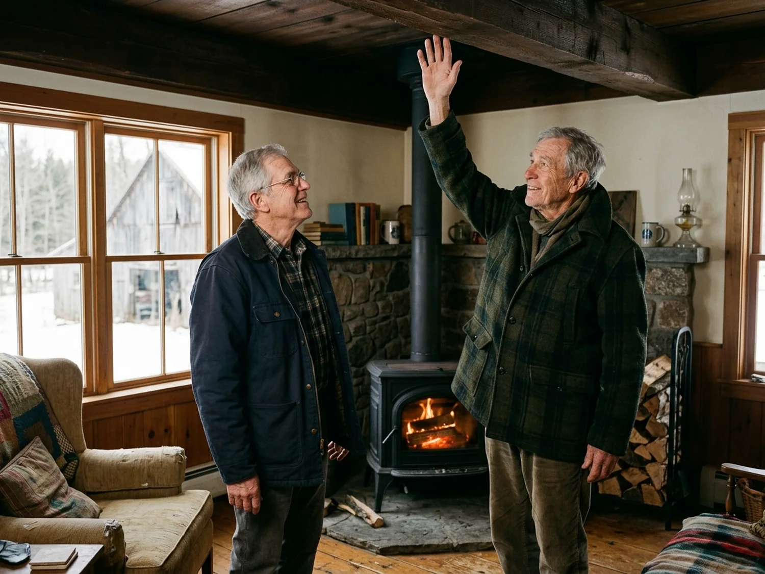 Two older men standing in a farmhouse living room, one pointing up toward the ceiling above a wood stove