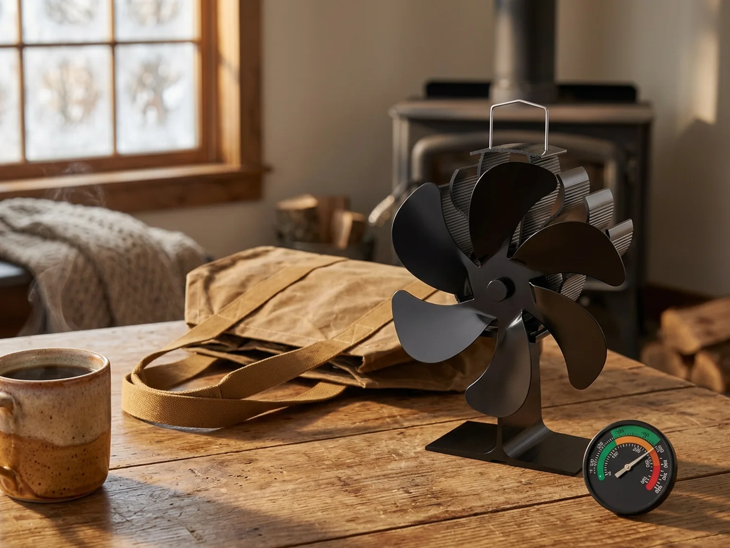 The three pieces of the kit on a wooden table: a black six-vane stove fan, a round magnetic stove thermometer and a waxed canvas log carrier