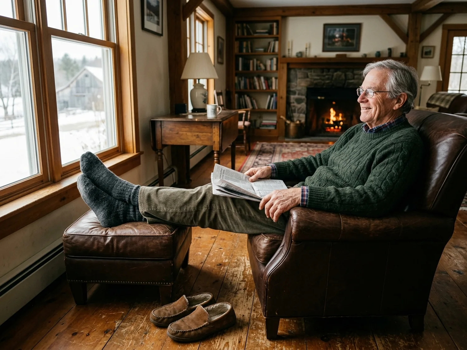 An older man in wool socks with his feet up on a footstool, relaxed in an armchair at the far end of a living room in winter