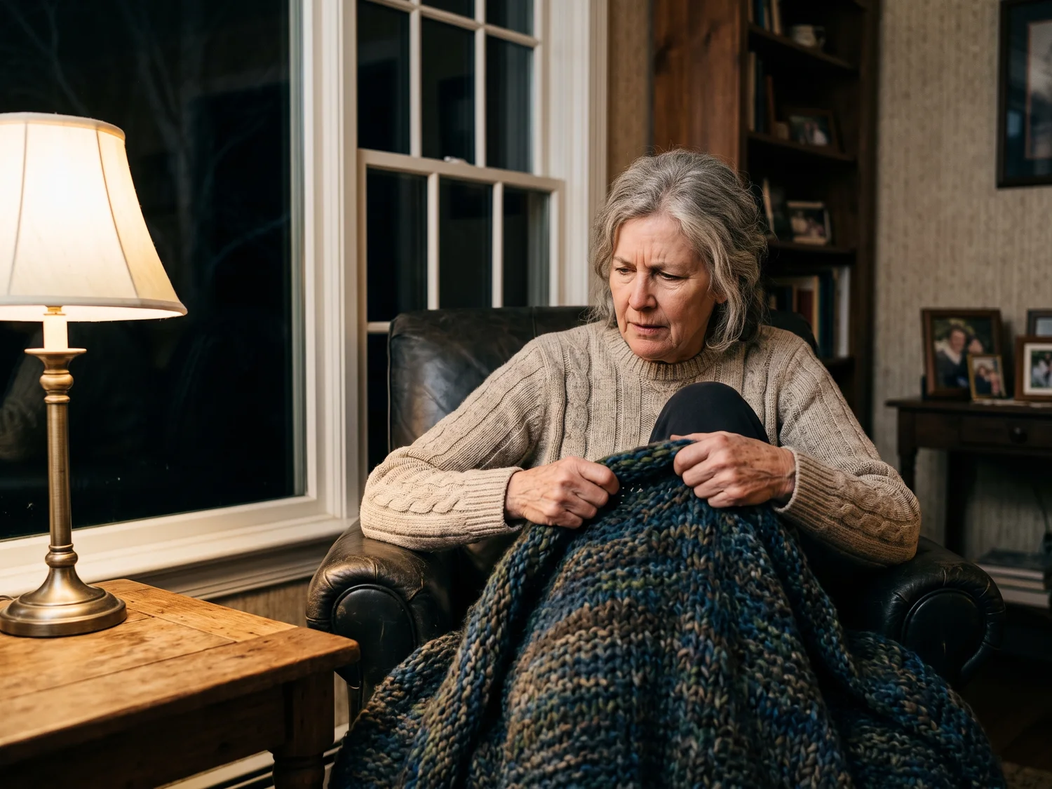An older woman pulling a knitted blanket over her knees in a dim armchair by a farmhouse window at night