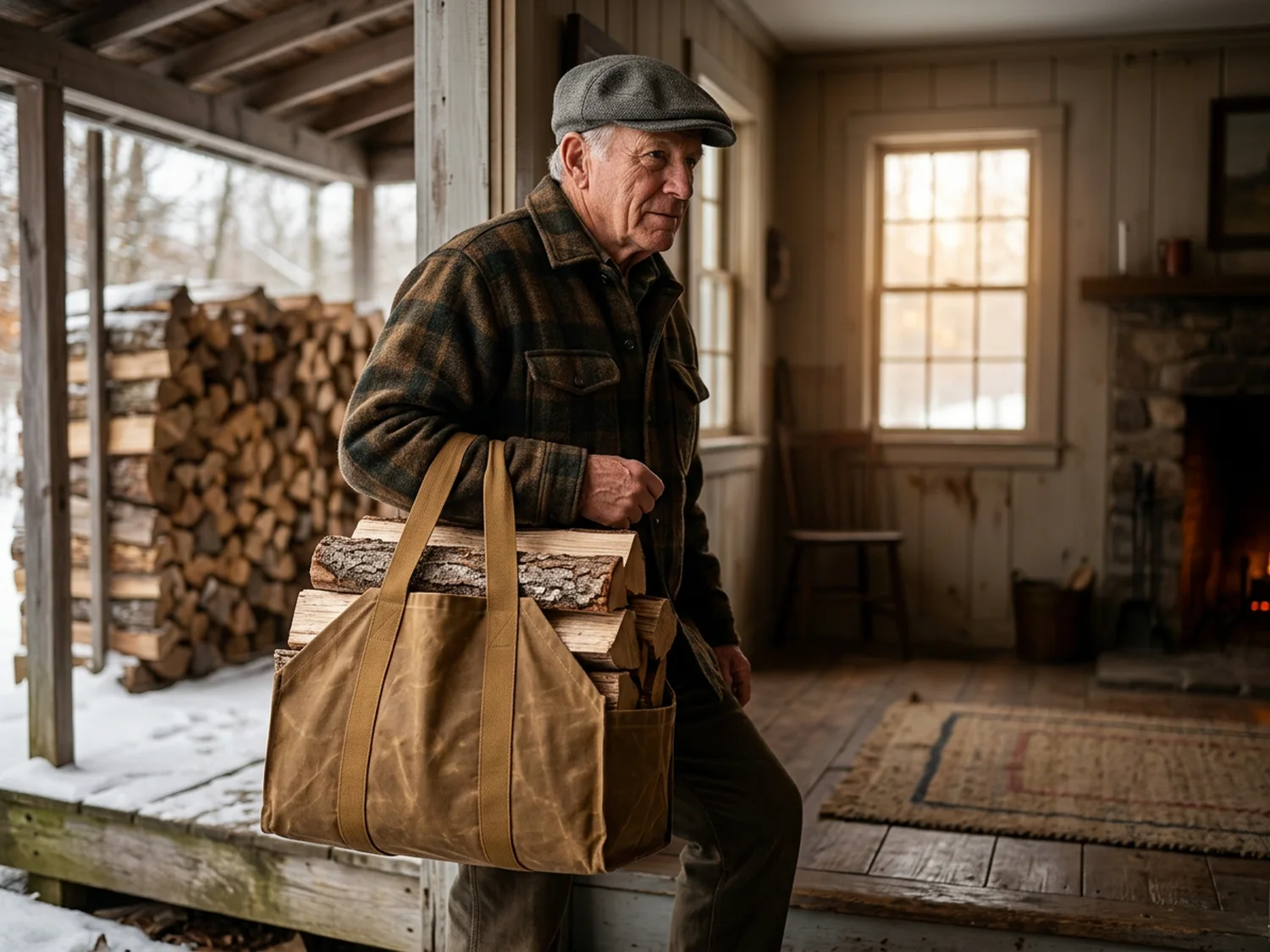 An older man carrying split logs into a farmhouse in a waxed canvas log carrier over his arm, snow on the porch
