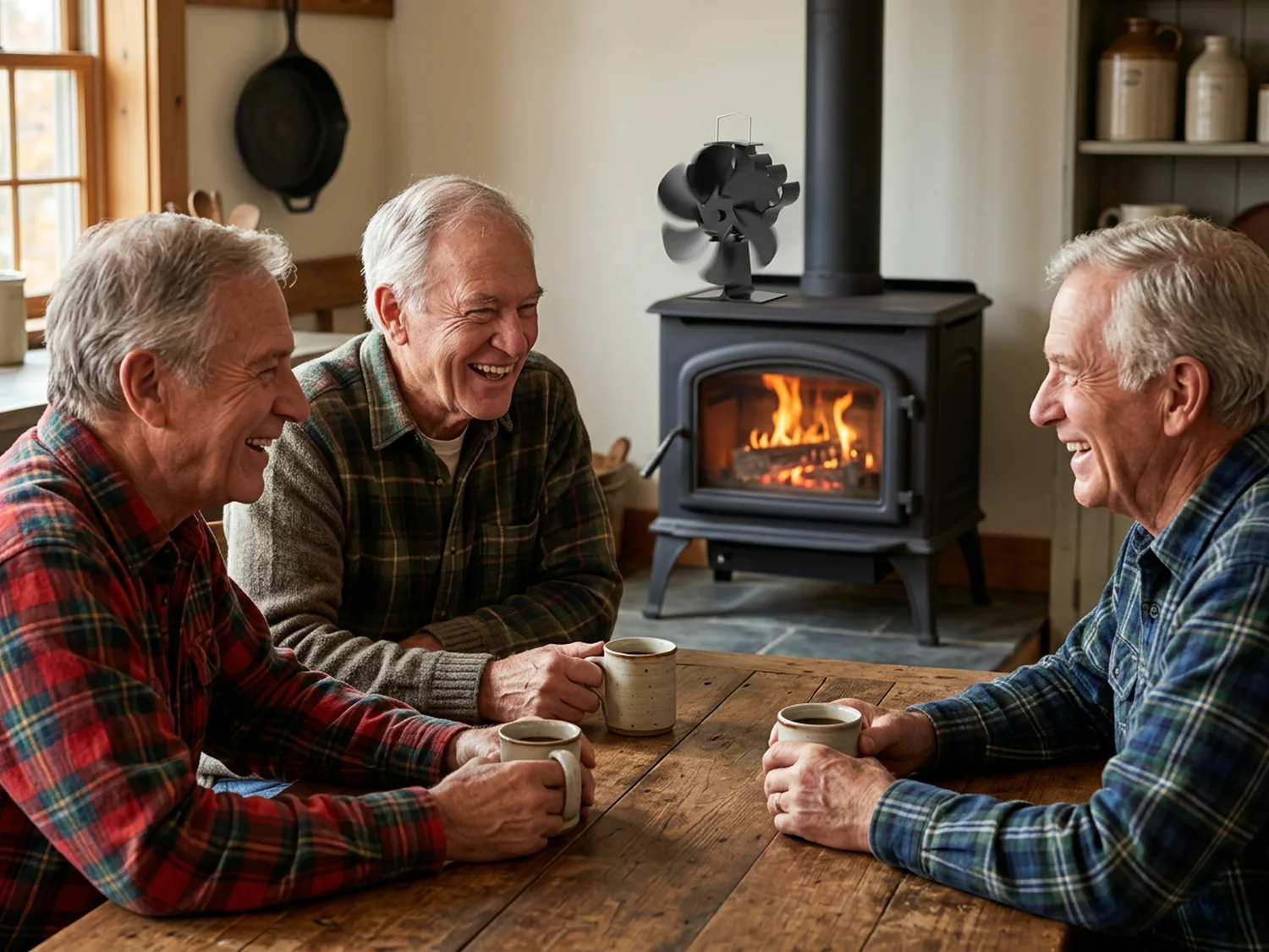 Three older men talking in a warm country kitchen, a small black fan turning on a wood stove behind them