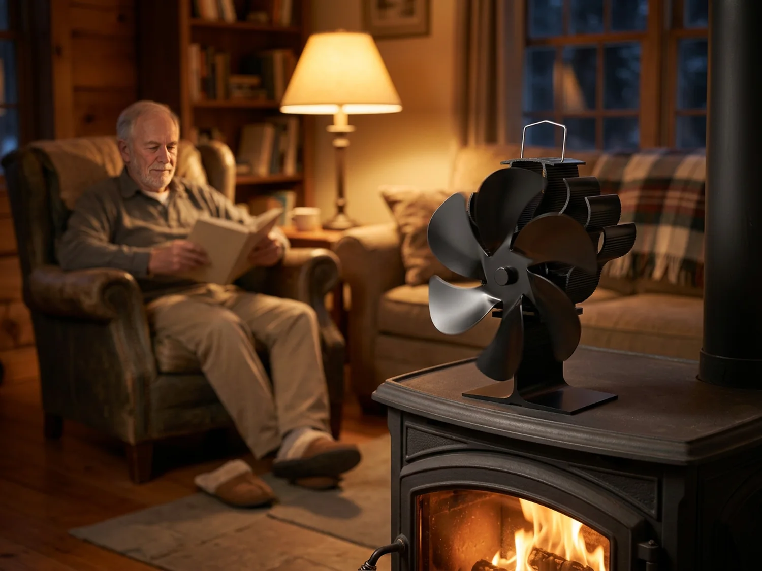 A small black six-vane fan turning on a cast iron wood stove with an older man relaxing in an armchair across the warm room